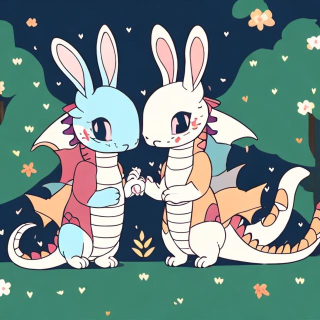 Prompt: female dragon and male rabbit in love, live happily together in a trail
