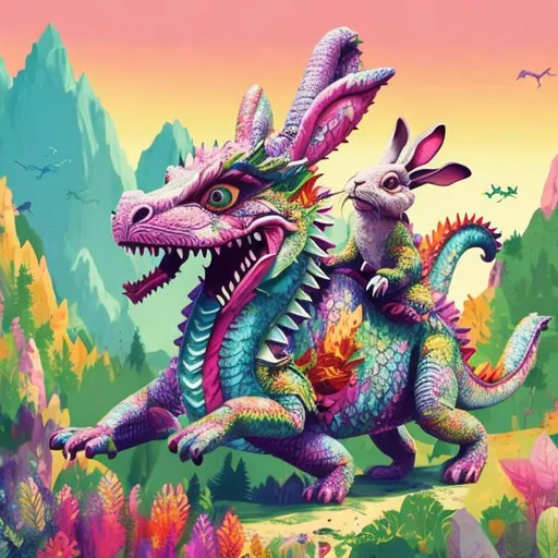 Prompt: Happy dragon and rabbit riding mountain bike, vibrant and playful illustration, digital art, detailed scales and fur, joyful expression, dynamic movement, lush greenery, colorful flowers, high quality, animated, vibrant colors, sunny day lighting