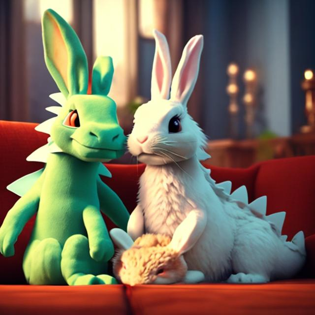 Prompt: 1 dragon and 1 rabbit watching movie together, cuddling in the couch