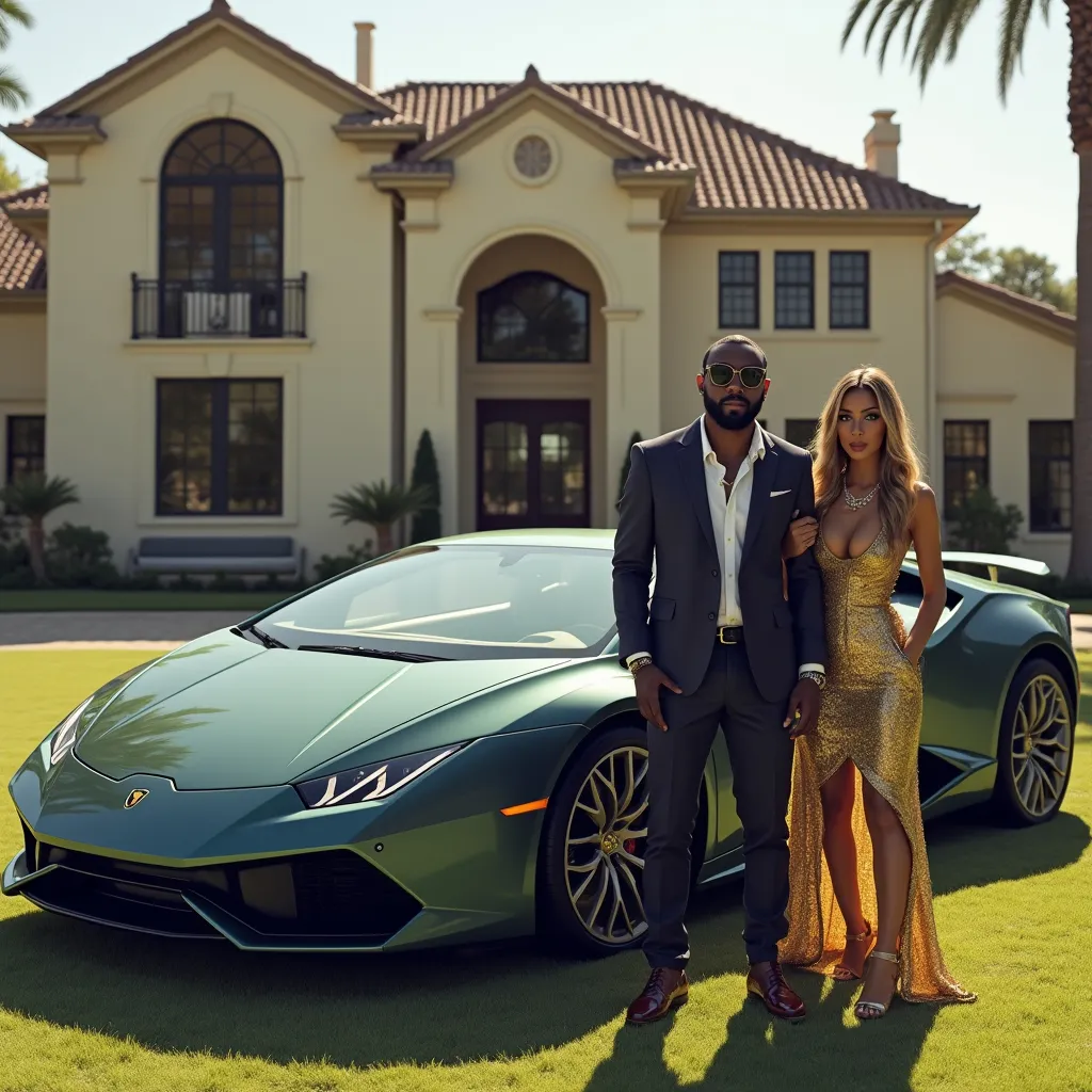 Prompt: rich artist in front of mansion with luxury car and trophy wife