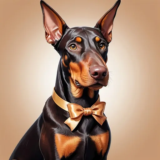 Prompt: Cute cartoonish illustration of a majestic cinnamon Doberman, richly dressed with a little ribbon, hyperrealistic, detailed fur with realistic colors, professional, highres, detailed, cute, ribbon, hyperrealistic, majestic, richly dressed, cinnamon, detailed fur, cartoonish, professional, atmospheric lighting