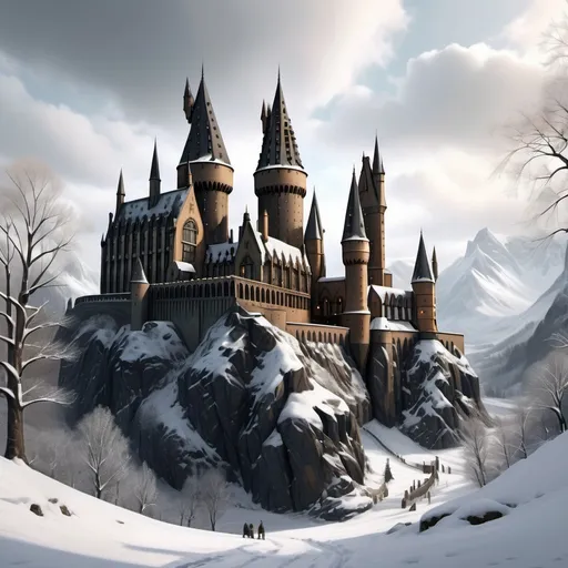 Prompt: create a realistic view of hogwarts, in snowy winter day, view from far away 