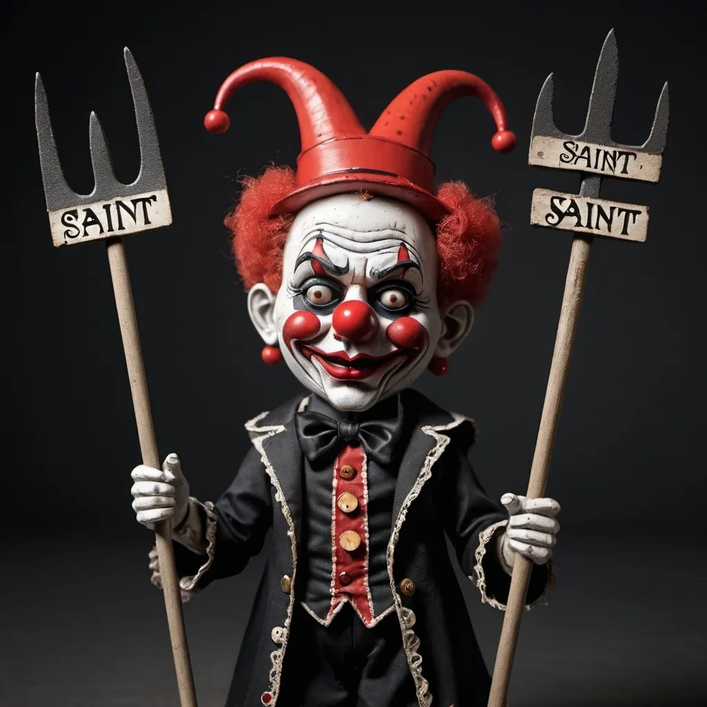 Prompt: A saint man like Constantine, a clown doll-like figure with black devil horns, holding a devil pitchfork, dressed in an old-fashioned outfit, with the word "SAINT" text, creepy doll 3d.