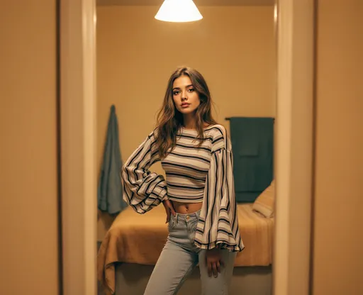 Prompt: A young woman poses confidently in a softly lit room, her reflection captured in a mirror. She wears a trendy striped top with billowy sleeves paired with light denim jeans, exuding a casual yet stylish vibe. The room appears to be a personal space with a neatly made bed draped in a tan striped coverlet and a blue towel hanging in the background, suggesting a blend of comfort and everyday life. The warm, neutral tones of the walls contrast with the cooler shades of her outfit, while the overhead light creates a gentle glow that highlights her features and the subtle textures around her. Overall, the scene conveys a sense of relaxed intimacy and self-assuredness.