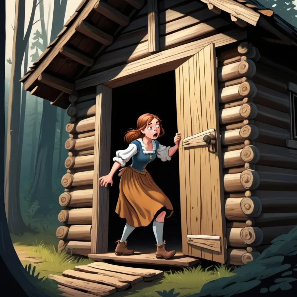 Prompt: 1600s Era teenage girl breaking into a cabin in the deep woods. Cartoon style. 


