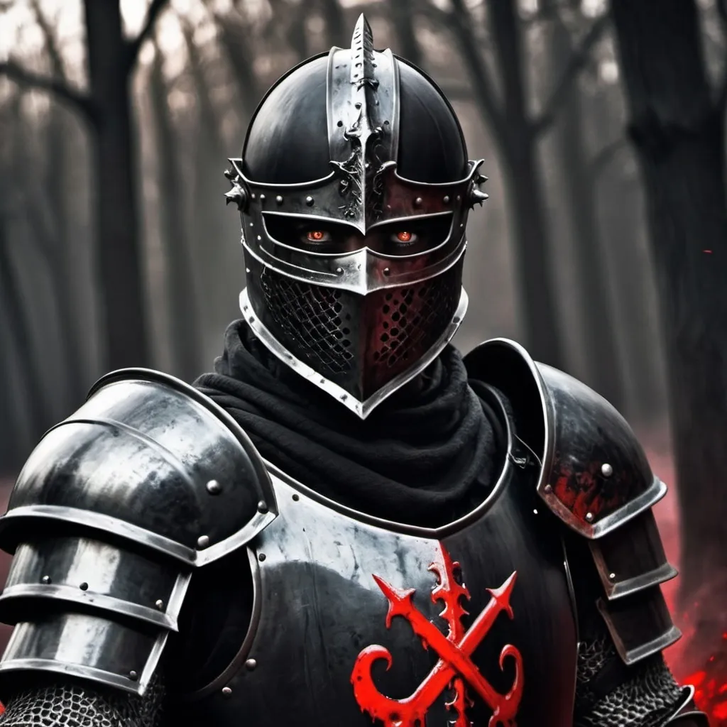 Prompt: create me a realistic  picture with a knight who wears all balck armour has devilish eyes and just finsihed a bloody battle in a dark setting



