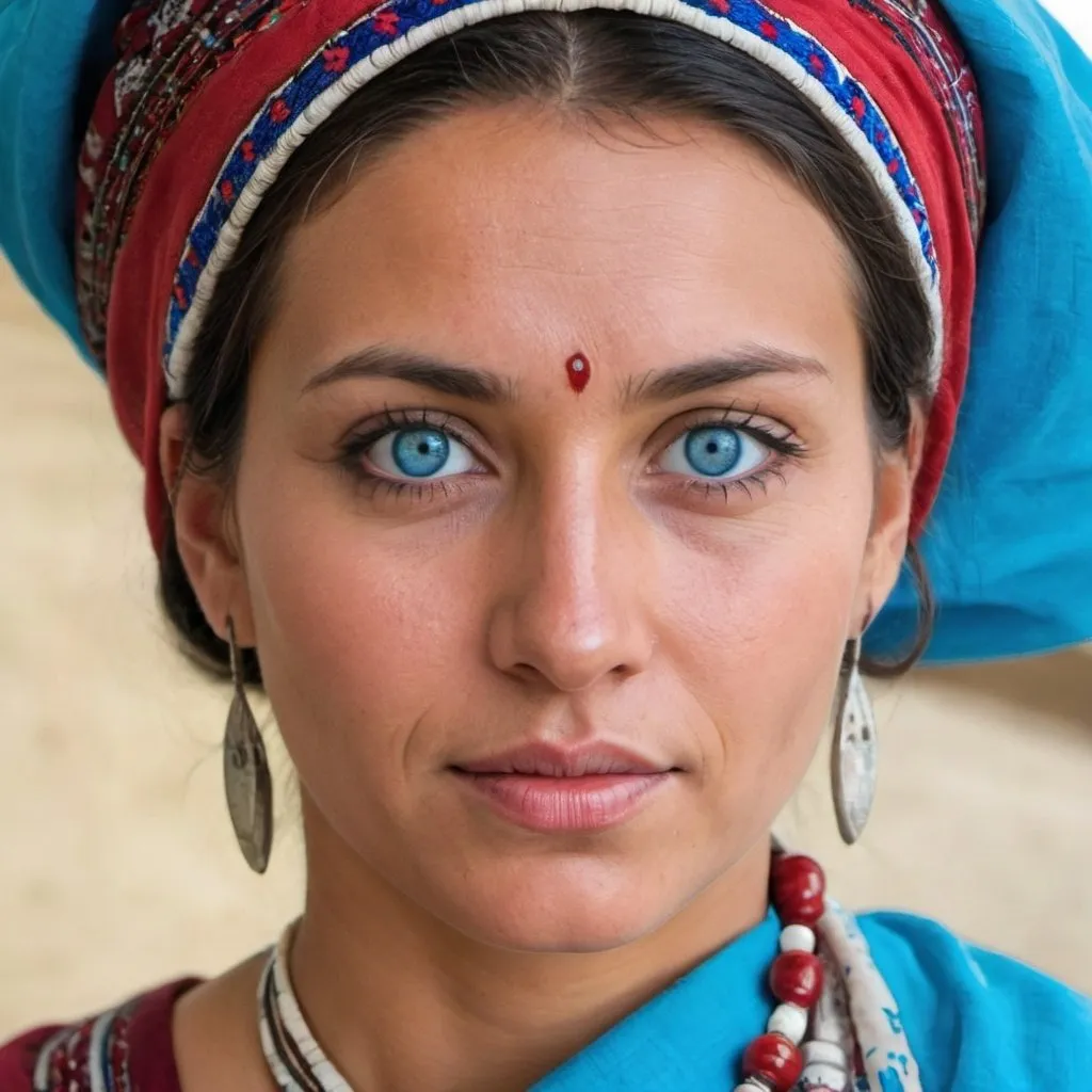Prompt: indiginous woman with blue eyes and traditional clothing





