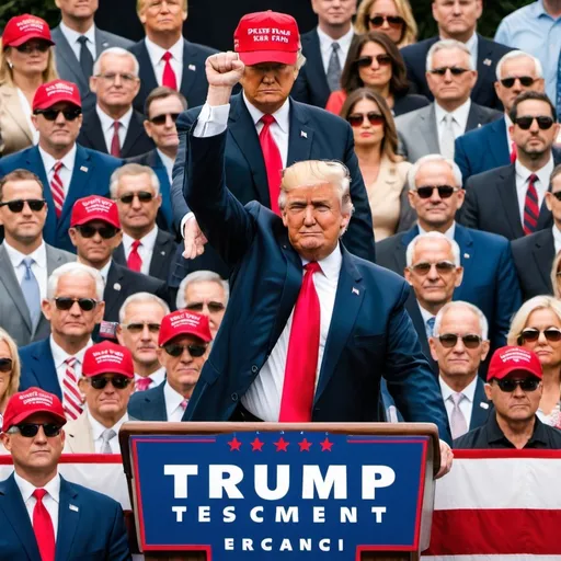 Prompt: make a picture of a man with blond hair in his 60's at a podium at a rally with a suit and I red hat with secrete service protecting him and trump holding his right arm in the air in a fist