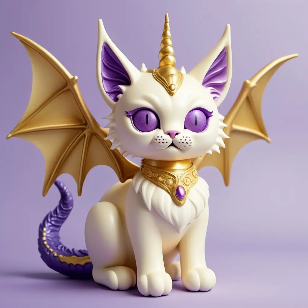 Prompt: crea un gato crema con cuerno dorado y alas violetas que parezca dragon