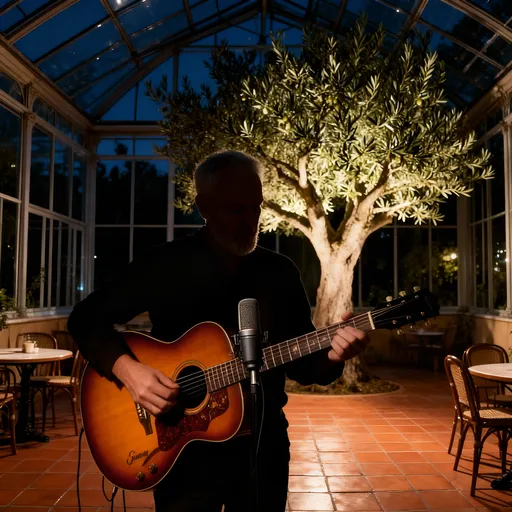 Prompt: Kim J is playing a westernguitar Gibson Hummingbird inside a glasshouse Orangeri next to olive tree at nighttime. In front of him there is a micrphone Neumann PM102. His face is in shadow, like he is an silhoet and the light is on the olivetree in the background. The floor in the Orangeri is made of terracotta tiles and there are tables and chairs like in a café.