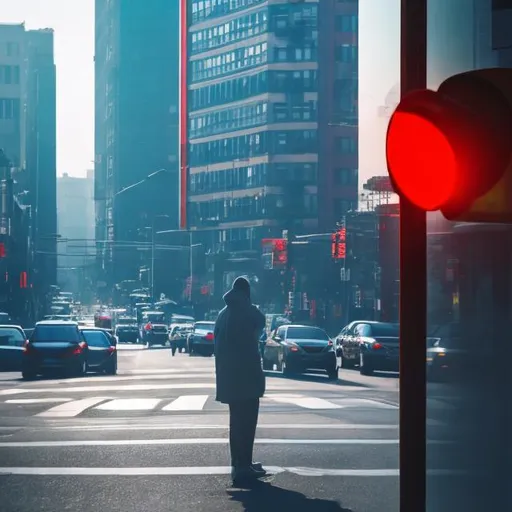 Prompt: light blue morning,  a person pondering in a city scape their face partially visible in the reflection on glass as people busy head to work, a red traffic light in the distance