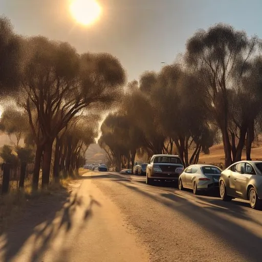 Prompt: A Photo of a queue of cars.  Perspective behind, sitting in a car, view the rear of the car in front.  They sit on a sealed road. Soft afternoon light and blue skies. Light wheat colored grass by the roadside. eucalyptus trees scattered about. Sun starting to set in the distance
