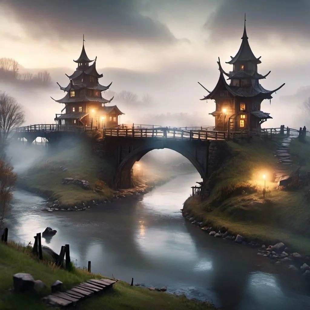 Prompt: small settlement, foggy, bridge and river, dramatic fantasy settlement scene, cinematic lighting