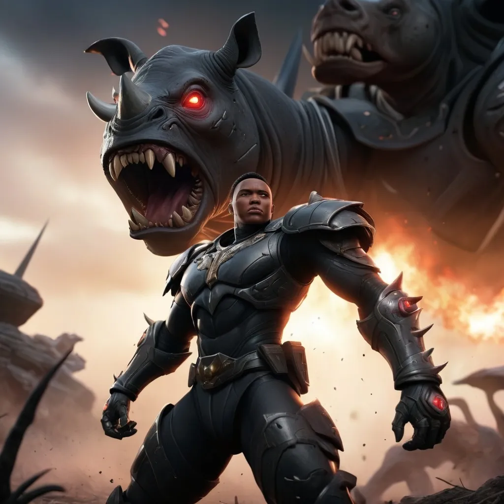 Prompt: War style illustration, a heroic Black ranger adorned in dark, intricate armor, face to face and fighting a rhino machine alien,realistic view of point 