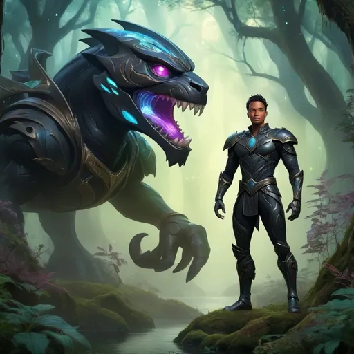 Prompt: Fantasy style illustration, a heroic Black ranger adorned in dark, intricate armor, stands poised at the edge of a mystical forest. Lush trees glow with bioluminescent foliage, ethereal mists swirl elegantly around his feet. Beyond, a magnificent ship floats above, shimmering with cosmic energy. The scene captures an adventurous and determined atmosphere, vibrant colors blend with soft luminescence, making it an ultra-detailed spectacle set in a magical realm.