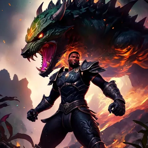 Prompt: War style illustration, a heroic Black ranger adorned in dark, intricate armor, fighting a mystical forest beast with Lush flames Beyond, a magnificent war ship shimmering with cosmic energy. The scene captures an adventurous and determined atmosphere, vibrant horror colors, making it an ultra-detailed set in a magical realm.