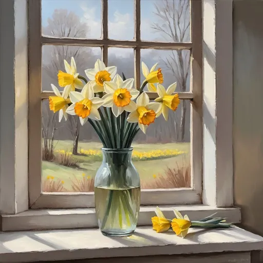 Prompt: daffodils by Window Oil Painting, Still Art Spring Flowers in a Vase Painting, Floral Bouquet Soft Art, Cottage core Farmhouse Wall Art