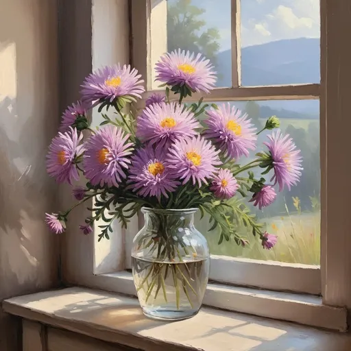 Prompt: asters by Window Oil Painting, Still Art Spring Flowers in a Vase Painting, Floral Bouquet Soft Art, Cottage core Farmhouse Wall Art

