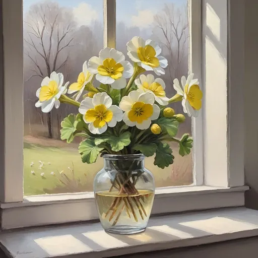Prompt: primroses by Window Oil Painting, Still Art Spring Flowers in a Vase Painting, Floral Bouquet Soft Art, Cottage core Farmhouse Wall Art