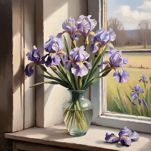 Prompt: iris by Window Oil Painting, Still Art Spring Flowers in a Vase Painting, Floral Bouquet Soft Art, Cottage core Farmhouse Wall Art
