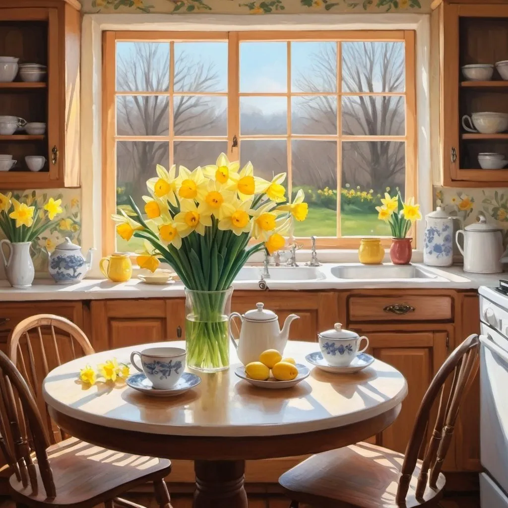 Prompt: Sunny Cozy Kitchen Painting, Kitchen Table and Daffodils Wall Art, China Plates Digital Art, Summertime Cottagecore Wall Art Kitchen Decor