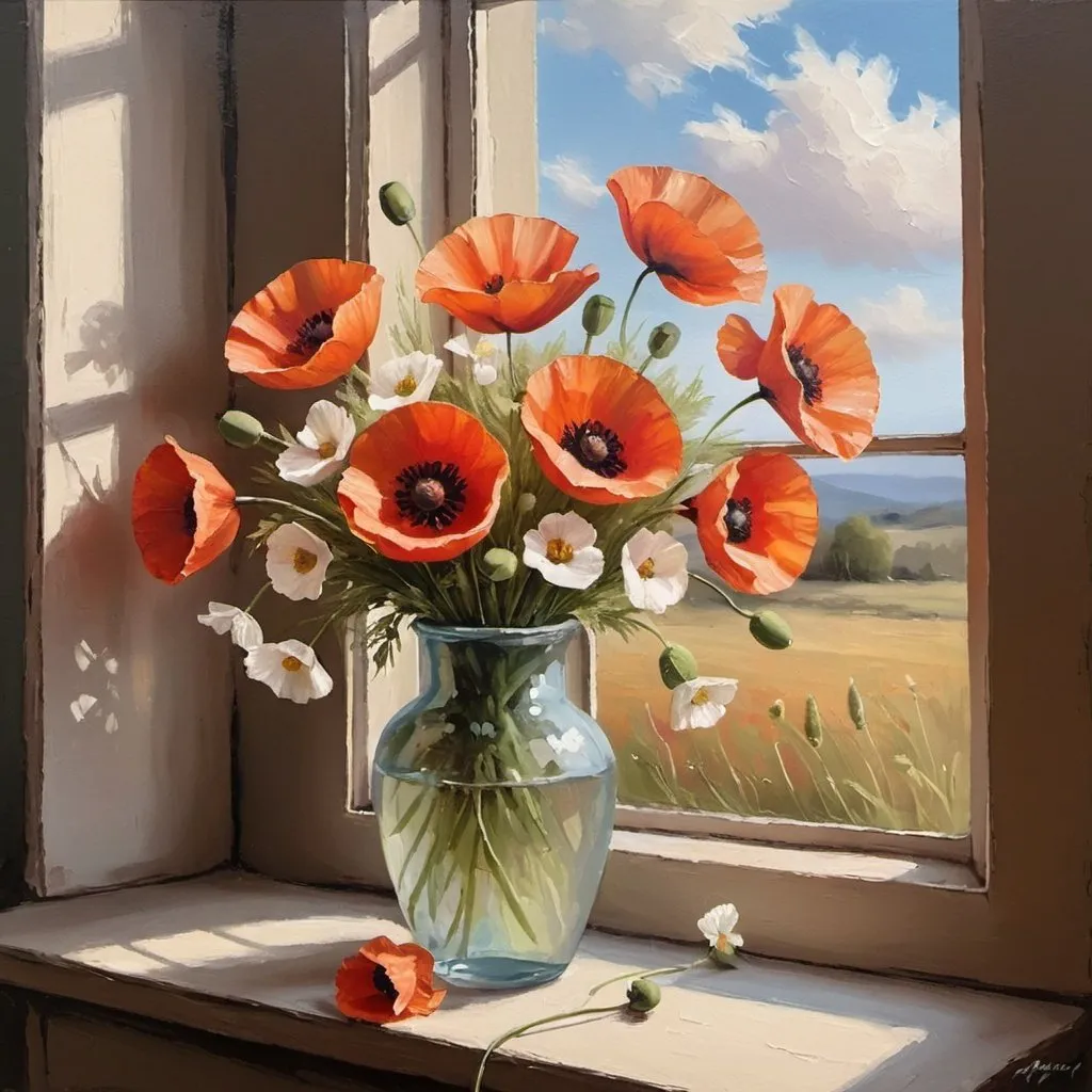 Prompt: poppys by Window Oil Painting, Still Art Spring Flowers in a Vase Painting, Floral Bouquet Soft Art, Cottage core Farmhouse Wall Art
