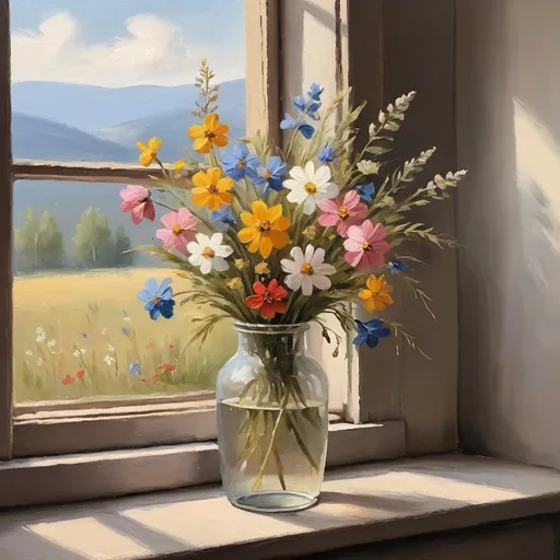 Prompt: wildflowers by Window Oil Painting, Still Art Spring Flowers in a Vase Painting, Floral Bouquet Soft Art, Cottage core Farmhouse Wall Art
