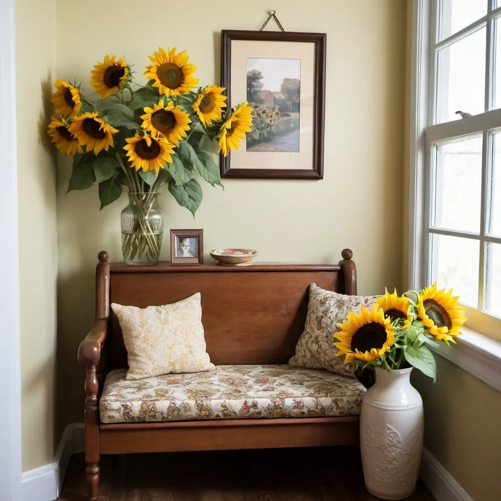 Prompt:   Cozy Reading Nook in corner of vintage kitchen, Vase of Sunflowers , , 