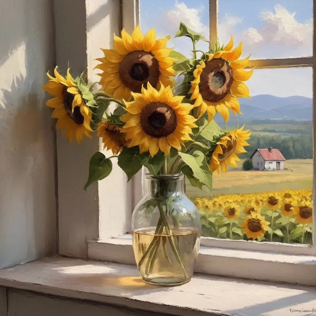 Prompt: sunflowers
 by Window Oil Painting, Still Art Spring Flowers in a Vase Painting, Floral Bouquet Soft Art, Cottage core Farmhouse Wall Art