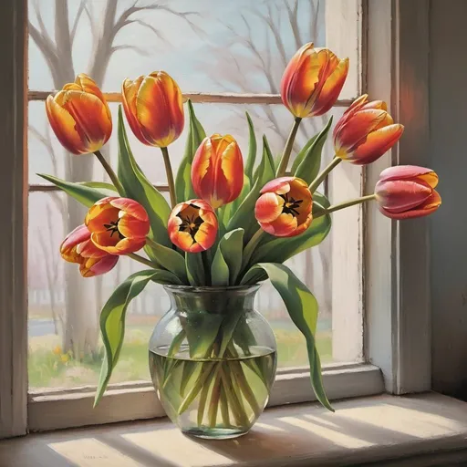 Prompt: tulips by Window Oil Painting, Still Art Spring Flowers in a Vase Painting, Floral Bouquet Soft Art, Cottage core Farmhouse Wall Art