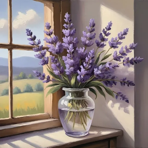 Prompt: lavendar by Window Oil Painting, Still Art Spring Flowers in a Vase Painting, Floral Bouquet Soft Art, Cottage core Farmhouse Wall Art
