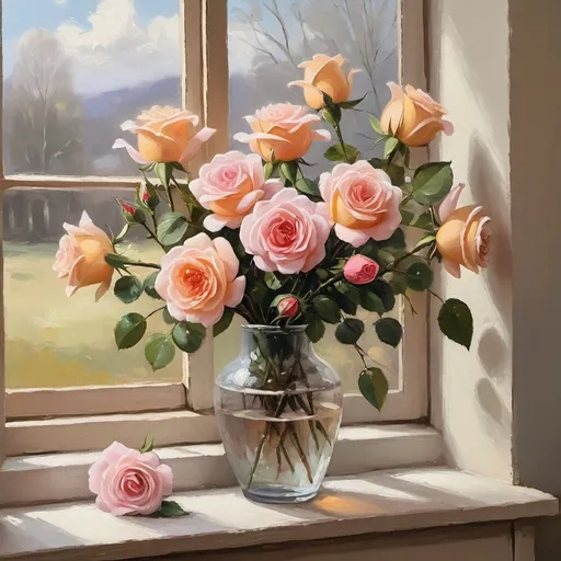 Prompt: roses by Window Oil Painting, Still Art Spring Flowers in a Vase Painting, Floral Bouquet Soft Art, Cottage core Farmhouse Wall Art