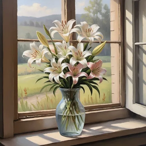 Prompt: lilys by Window Oil Painting, Still Art Spring Flowers in a Vase Painting, Floral Bouquet Soft Art, Cottage core Farmhouse Wall Art
