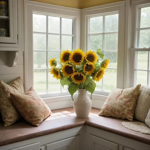 Prompt:   Cozy Reading Nook in corner of cottage kitchen, Vase of Sunflowers , , 