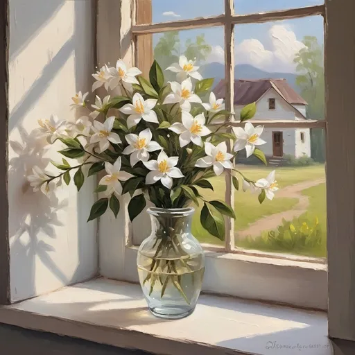 Prompt: jasmine by Window Oil Painting, Still Art Spring Flowers in a Vase Painting, Floral Bouquet Soft Art, Cottage core Farmhouse Wall Art
