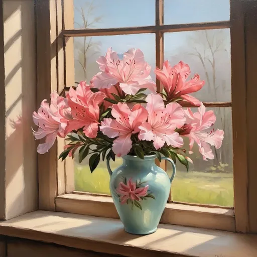 Prompt: azaleas by Window Oil Painting, Still Art Spring Flowers in a Vase Painting, Floral Bouquet Soft Art, Cottage core Farmhouse Wall Art
