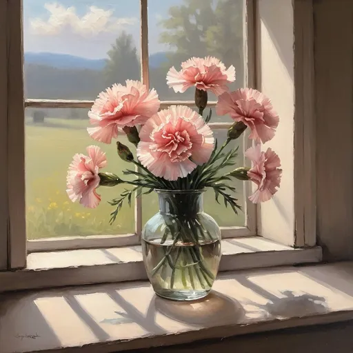 Prompt: carnation by Window Oil Painting, Still Art Spring Flowers in a Vase Painting, Floral Bouquet Soft Art, Cottage core Farmhouse Wall Art
