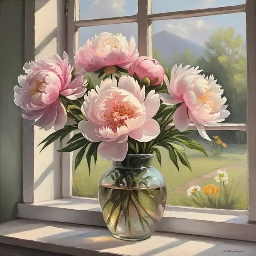 Prompt: peonies by Window Oil Painting, Still Art Spring Flowers in a Vase Painting, Floral Bouquet Soft Art, Cottage core Farmhouse Wall Art