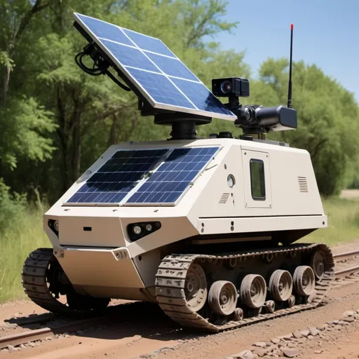 Prompt: A rugged, solar-powered tracked vehicle with a pan-tilt turret camera on top, a Tippmann air gun mounted on the side, and an RFID reader antenna on the front. The vehicle has LED lights and sound deterrents on the sides and rear. A large solar panel is mounted on the roof, and electric motors are visible on the tracks. The vehicle is shown in a rural setting, surrounded by cattle and a few trees. Robotic smaller size