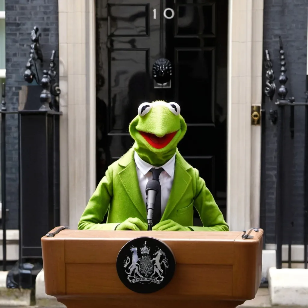 Prompt: Kermit the frog giving speech in front of 10 downing street