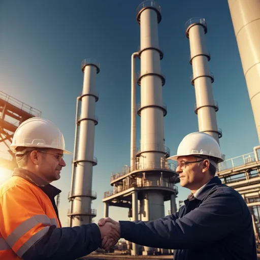 Prompt: two men handshake in front of gas power plant no cooling towers light sign with text Luminosa
