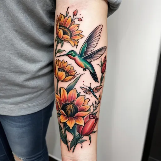 Prompt: An arm tattoo of a hummingbird and a butterfly and a dragonfly with tulips and sunflowers

