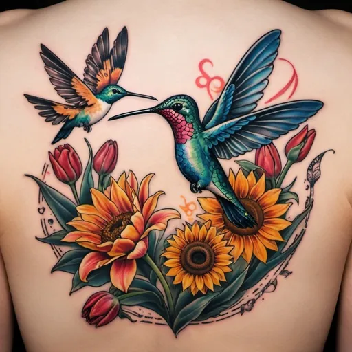 Prompt: A tattoo of a hummingbird and a butterfly and a dragonfly with tulips and sunflowers

