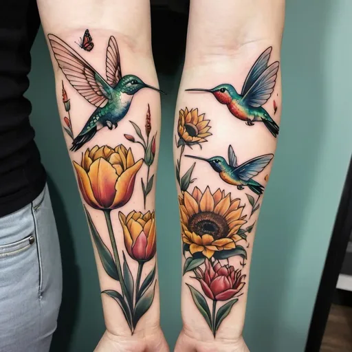 Prompt: An arm tattoo of a hummingbird and a butterfly and a dragonfly with tulips and sunflowers

