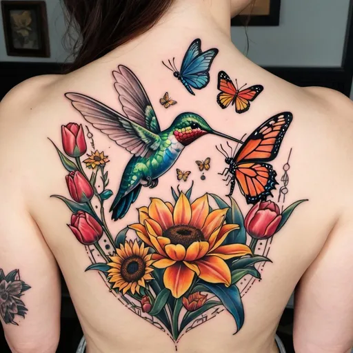 Prompt: A tattoo of a hummingbird and a butterfly and a dragonfly with tulips and sunflowers

