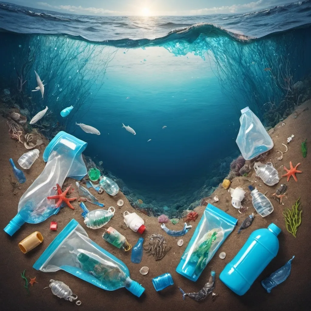 Prompt: make a image about ocean with plastic and litter