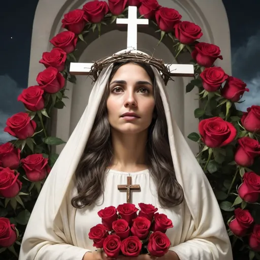 Prompt: Mulher misteriosa, católica, parececida com Jesus, em meio a rosas e cruzes.