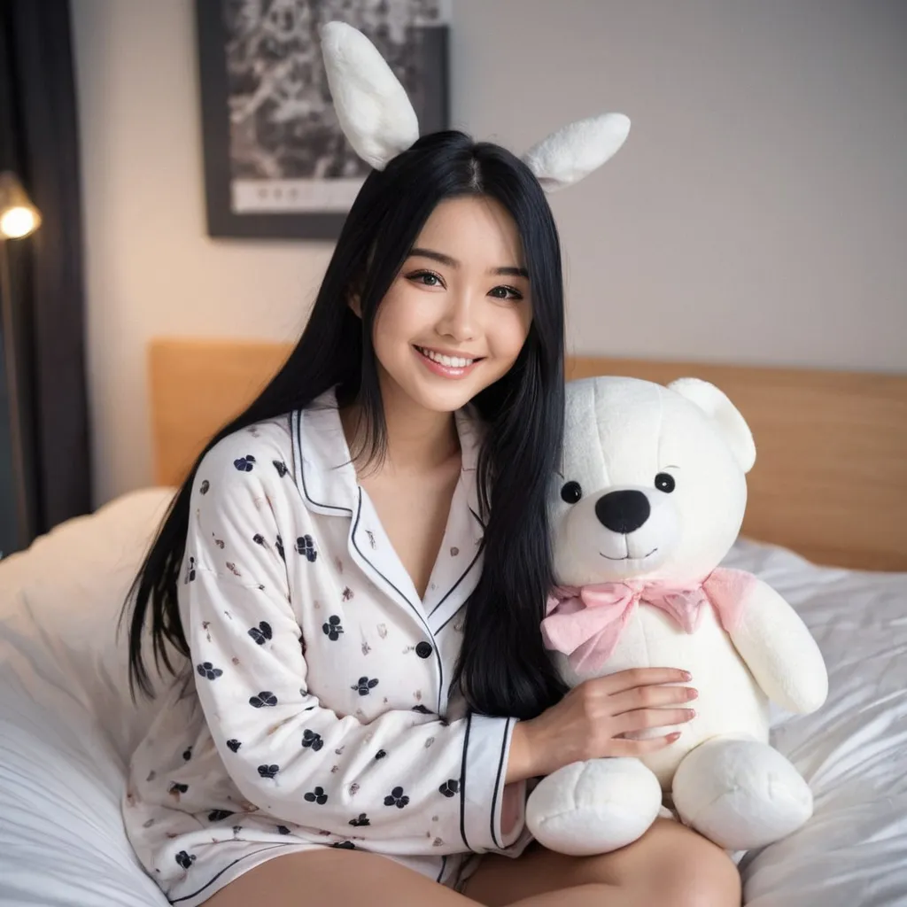 Prompt: japanese girl, 22 years old, beautiful, long black hair, modern fashion, influencer, posing, cute smile, good curves, breathtaking eyes, cuddling her plushie in bed, wearing a pyjama