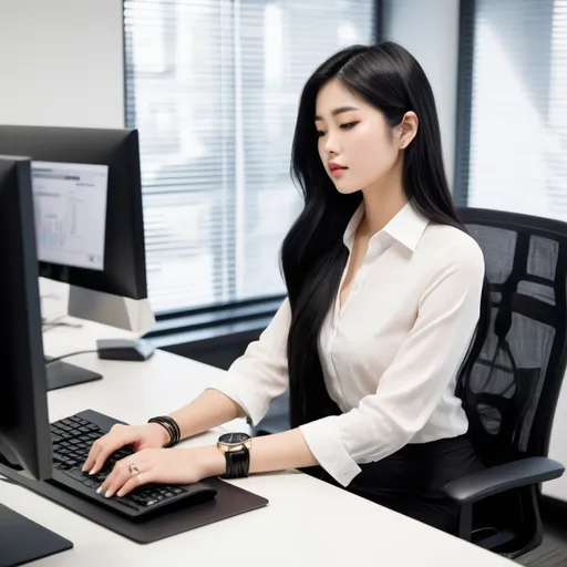 Prompt: japanese girl, 22 years old, beautiful, long black hair, modern fashion, influencer, good curves, working in the office, not looking in the camera, picture from the side, working on the computer, picture shot by a coworker, girl is concentrated for work, modern office fashion, nice bangles, hide the hands under the desk, 
