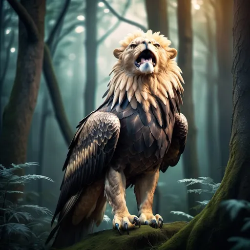 Prompt: Eagle-lion hybrid in a mystical forest, animal hybrid of an eagle and a lion, mix of lion and eagle, high quality, atmospheric lighting